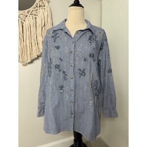 Anthropologie Pilcro Boho Blue White Pinstripe Beaded Embellished Button-up S